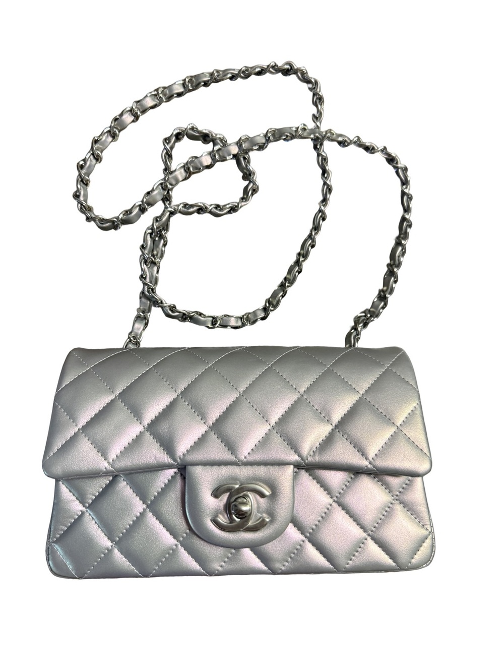 21K Iridescent Lilac Calfskin Quilted Mini Rectangular Flap